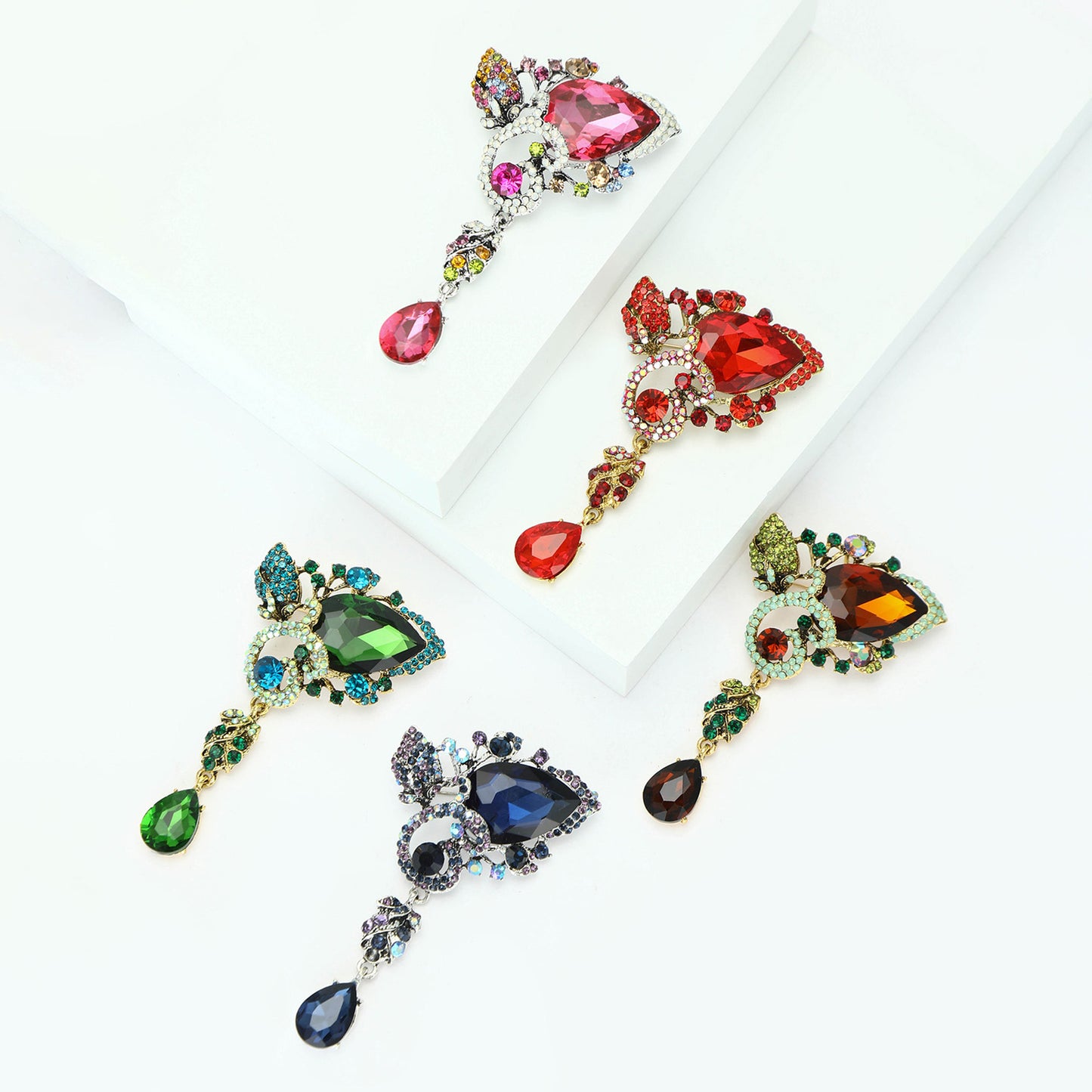 Creative Alloy Rhinestone Water Drop Glass Brooch Fashionable Floral Accessory