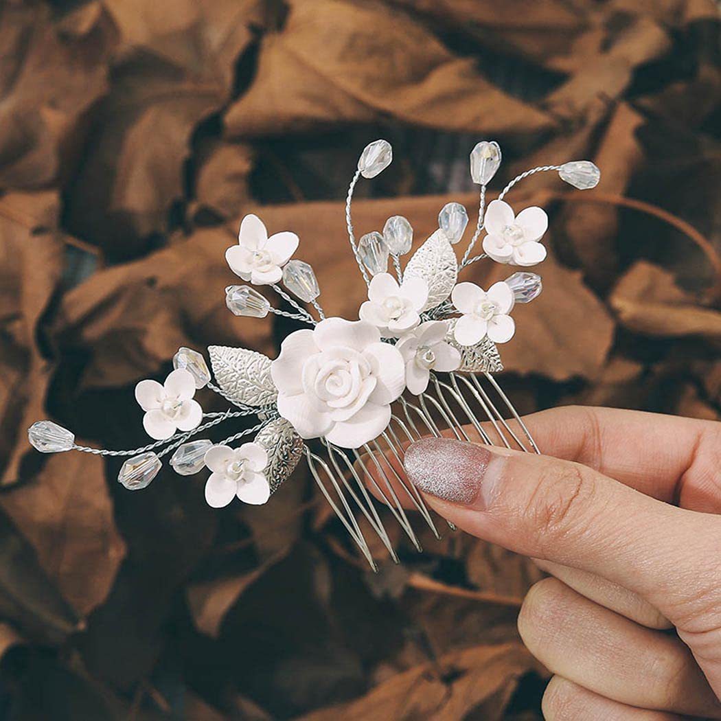 White Polymer Clay Flower Side Comb Bridal Hairpiece