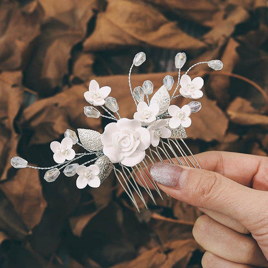 White Polymer Clay Flower Side Comb Bridal Hairpiece