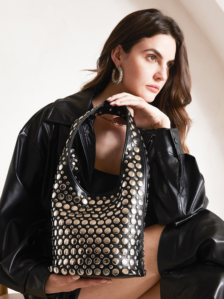 Punk Style Studded Bucket Bag With Soft PU Leather