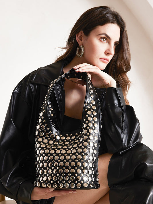 Punk Style Studded Bucket Bag With Soft PU Leather