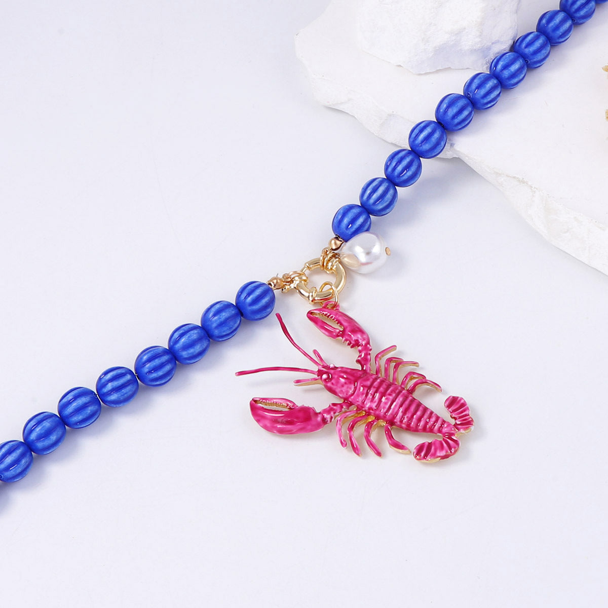 Necklace Lobster Charm Beaded Gold Tone Alloy Beach