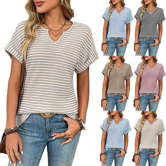 V-Neck Striped Casual T-Shirt for Women