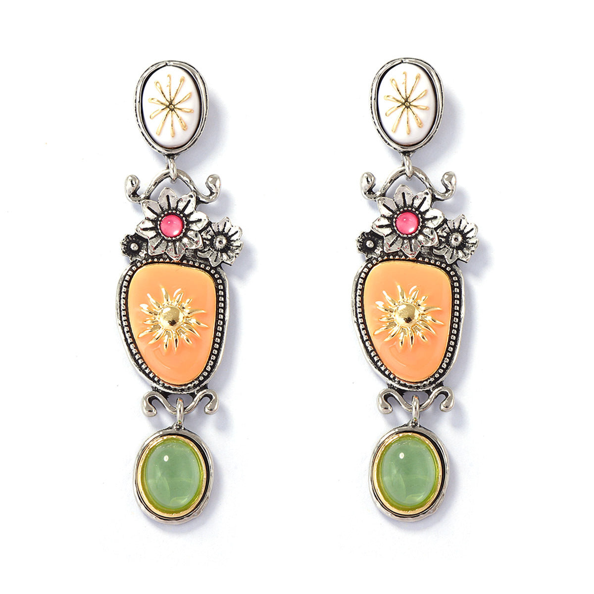 Earrings Antique Finish Enamel Floral Drop For Evening