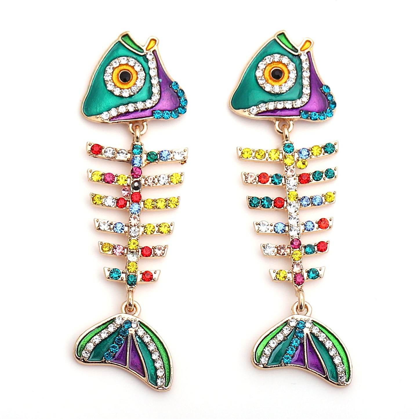 Earrings Fishbone Rhinestone Dangle Retro Chic