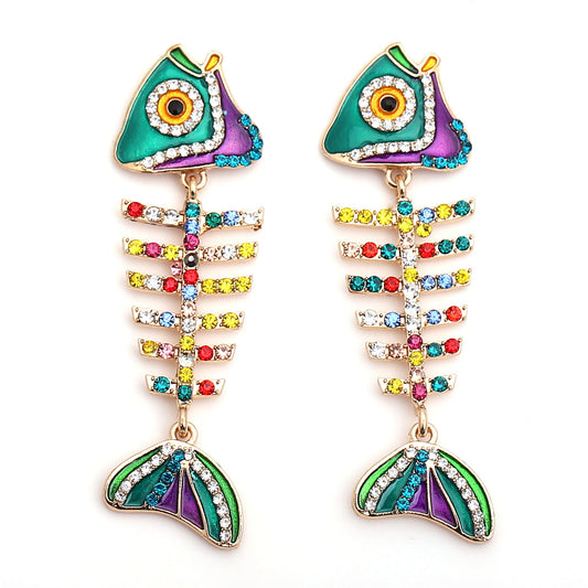 Earrings Fishbone Rhinestone Dangle Retro Chic