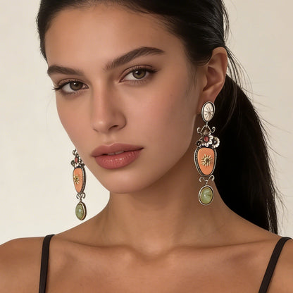 Earrings Antique Finish Enamel Floral Drop For Evening
