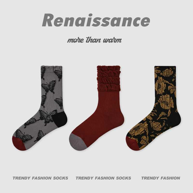 Socks Embossed Floral Mid Calf Cotton Moisture Wicking