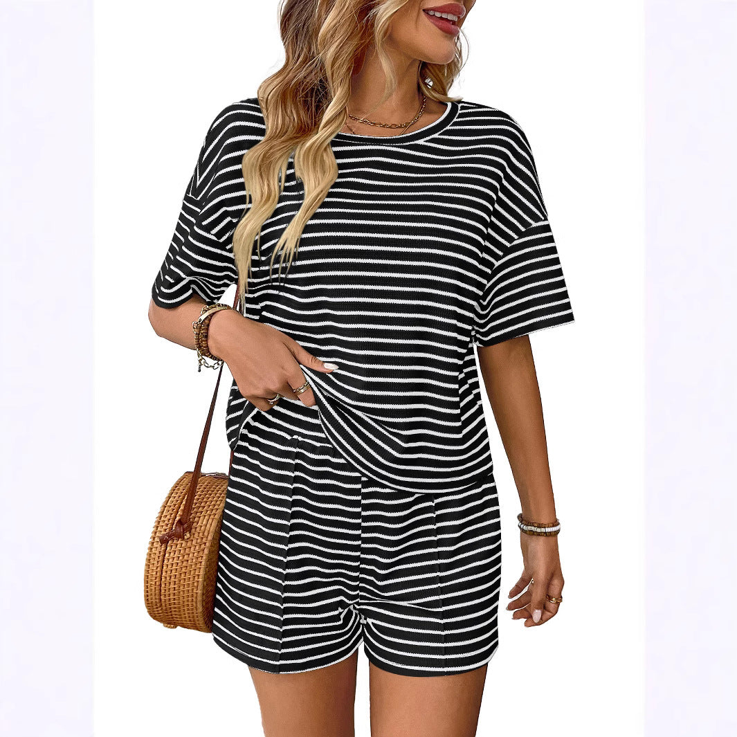 Trendy Casual Knitted Striped Shorts Sports Set for Women