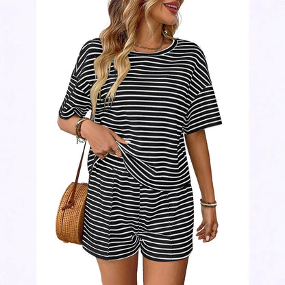 Trendy Casual Knitted Striped Shorts Sports Set for Women