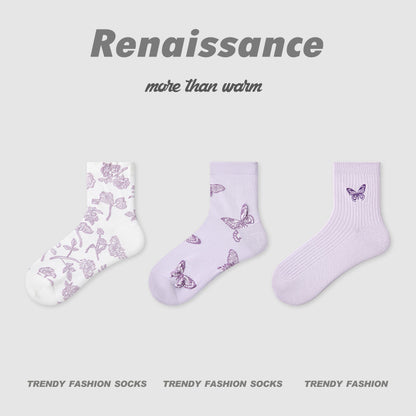 Socks Embossed Floral Combed Cotton Seamless Toe Casual
