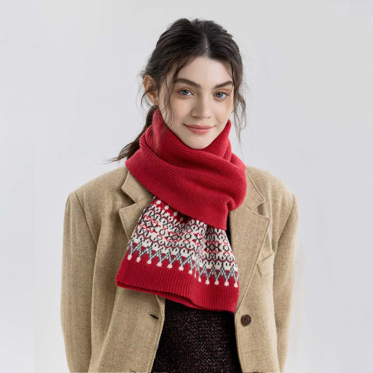 Nordic Fair Isle Knit Scarf for Women | Warm Couple's Christmas Shawl