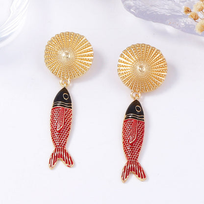 Round Fish Pendant Earrings Vintage Colorful Luxe Chic