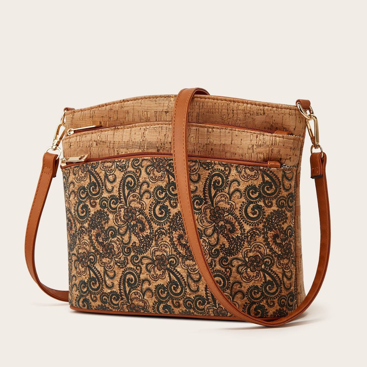 Vintage Cork Shoulder Bag Floral Design Olive Green