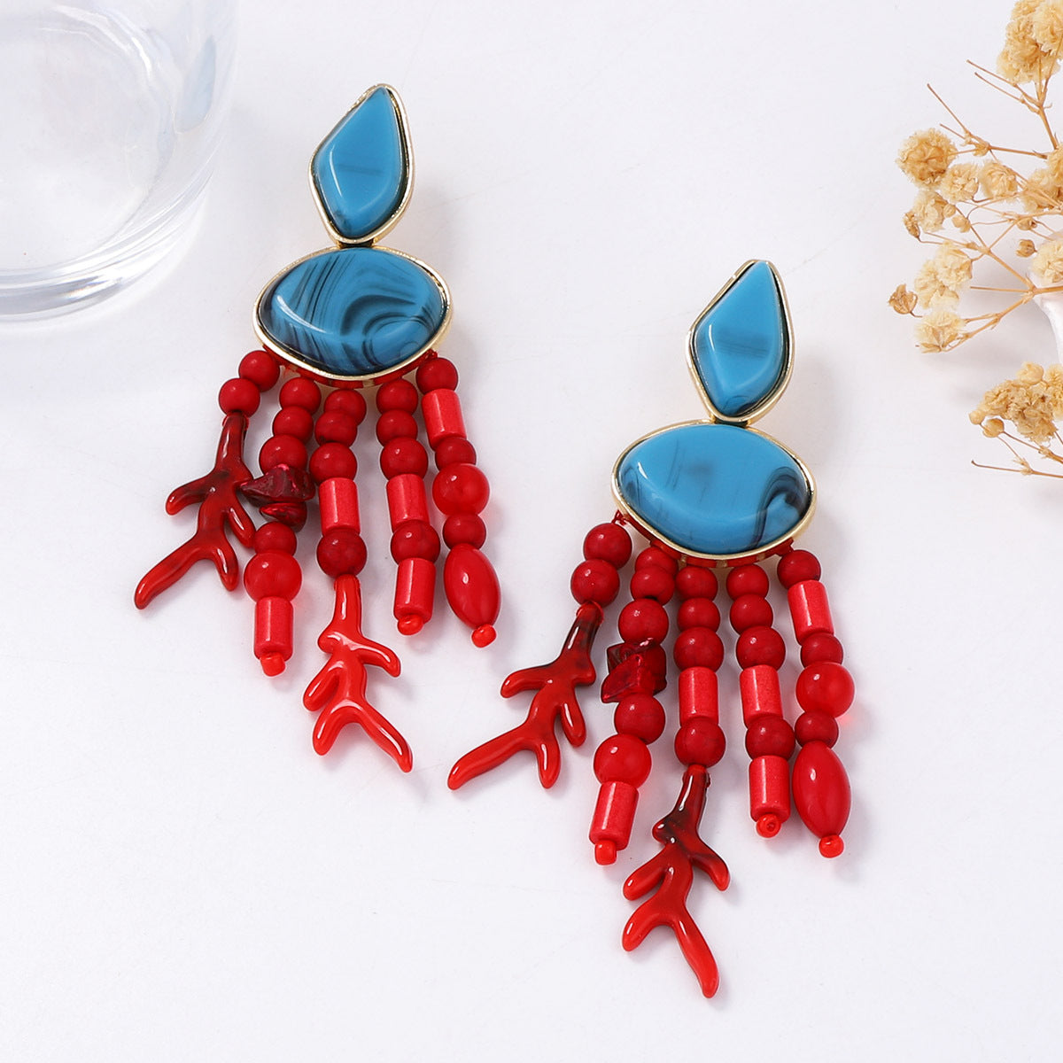Beaded Tassel Drop Earrings Coral Boho Beach Style