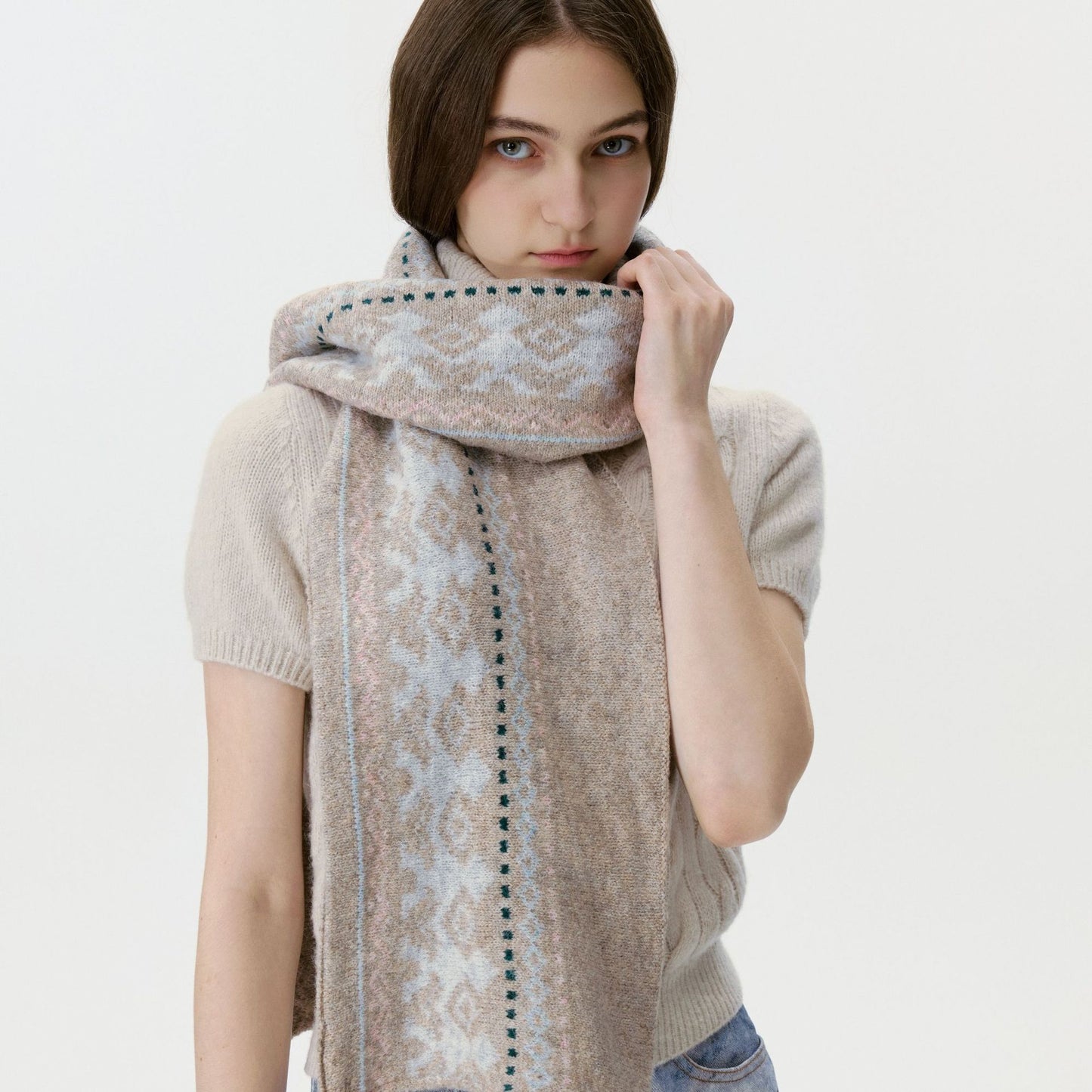 Designer Vintage Wool-Blend Fair Isle Knitted Scarf for Men and Women
