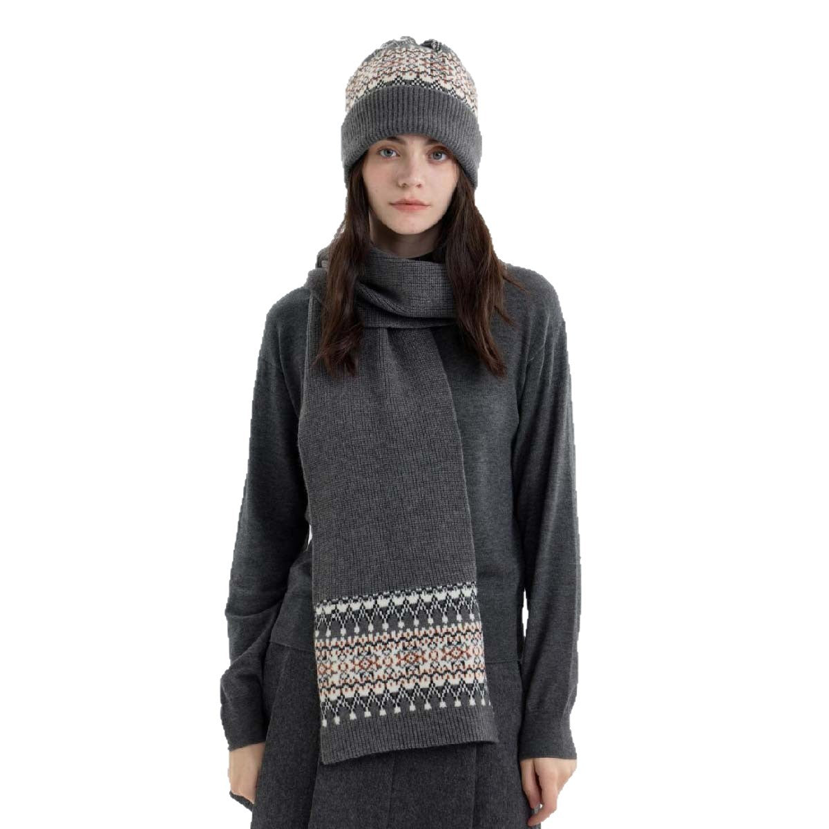 Classic Diamond Pattern Christmas Knitted Scarf and Hat Set for Winter