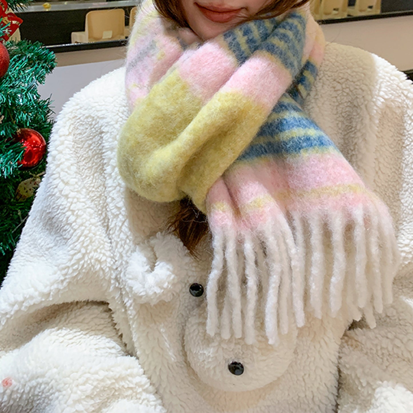 Designer Wool Blend Saturn Stripe Scarf Thickened Cashmere Feel Winter Scarf