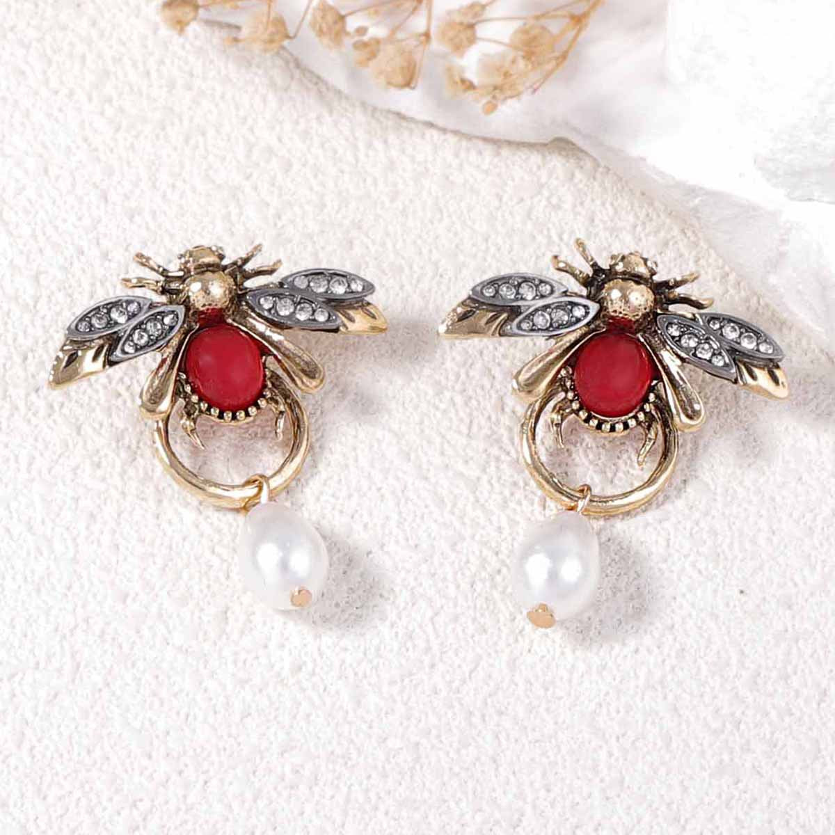 Earrings Bee Pearl Teardrop With Zircon Accents Elegant