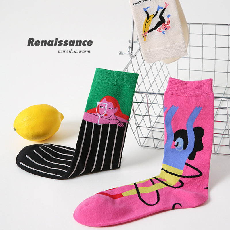Art Illustration Combed Cotton Mid Calf Socks