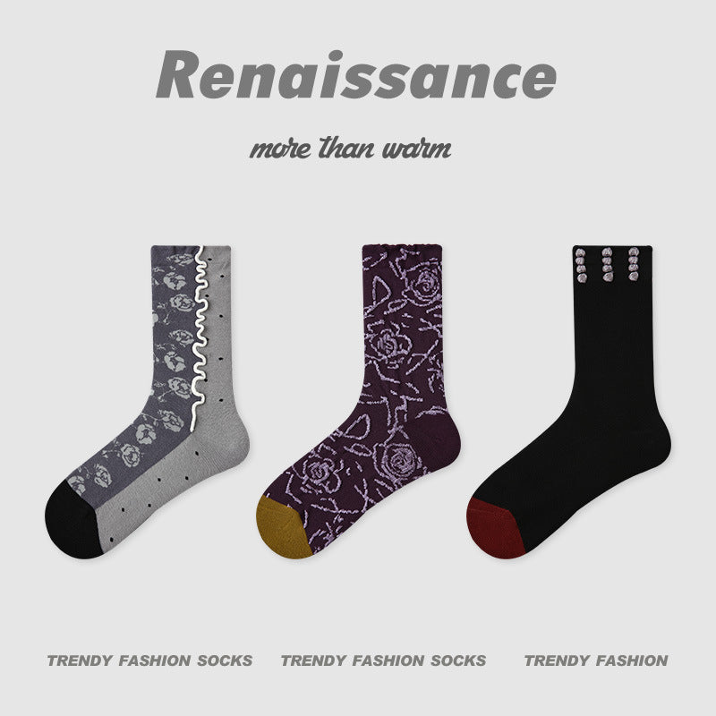 Butterfly Floral Combed Cotton Mid Calf Socks