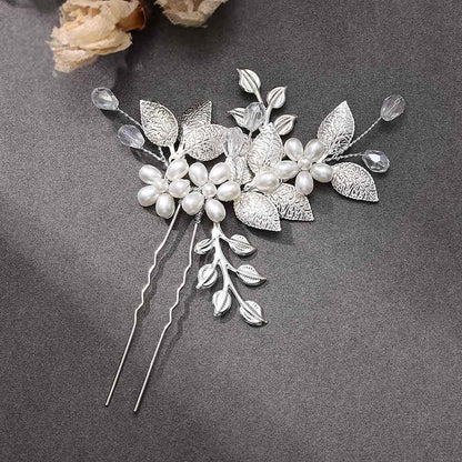 Silver Leaf Pearl Crystal Handmade U Shaped Hairpin Wedding Hairpiece