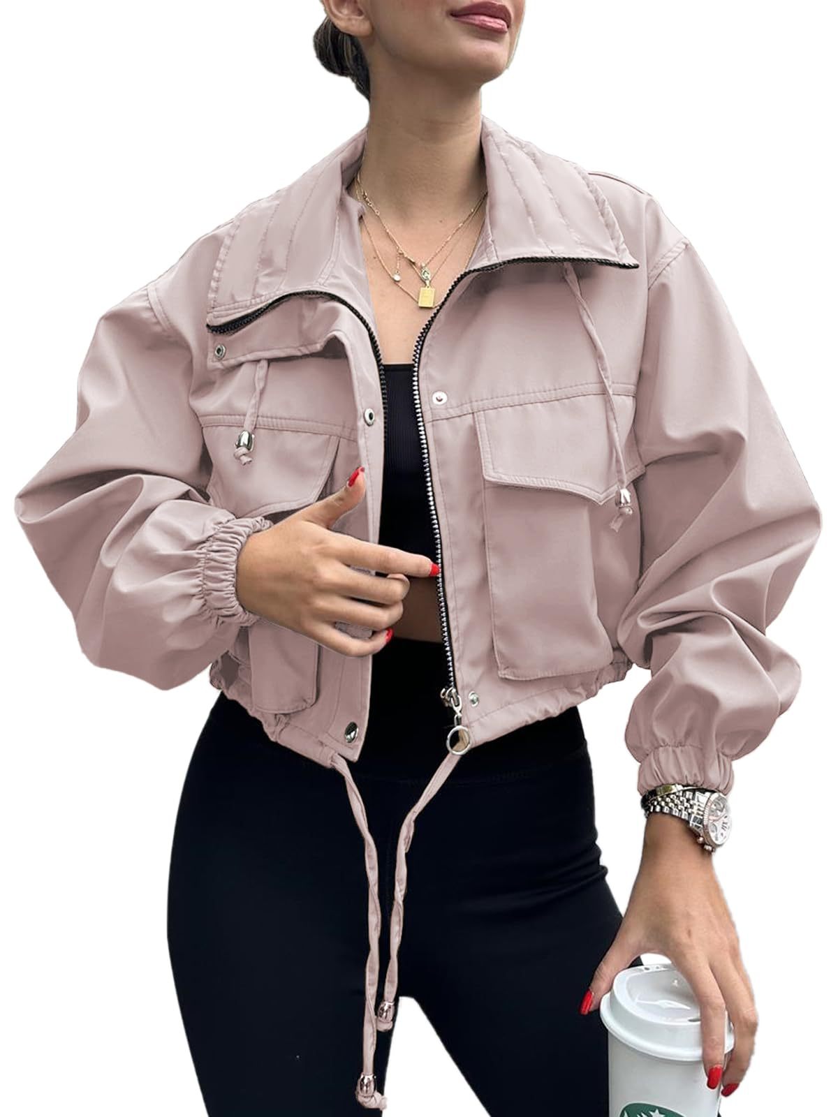 Women’s Solid Color Short Jacket with Zipper