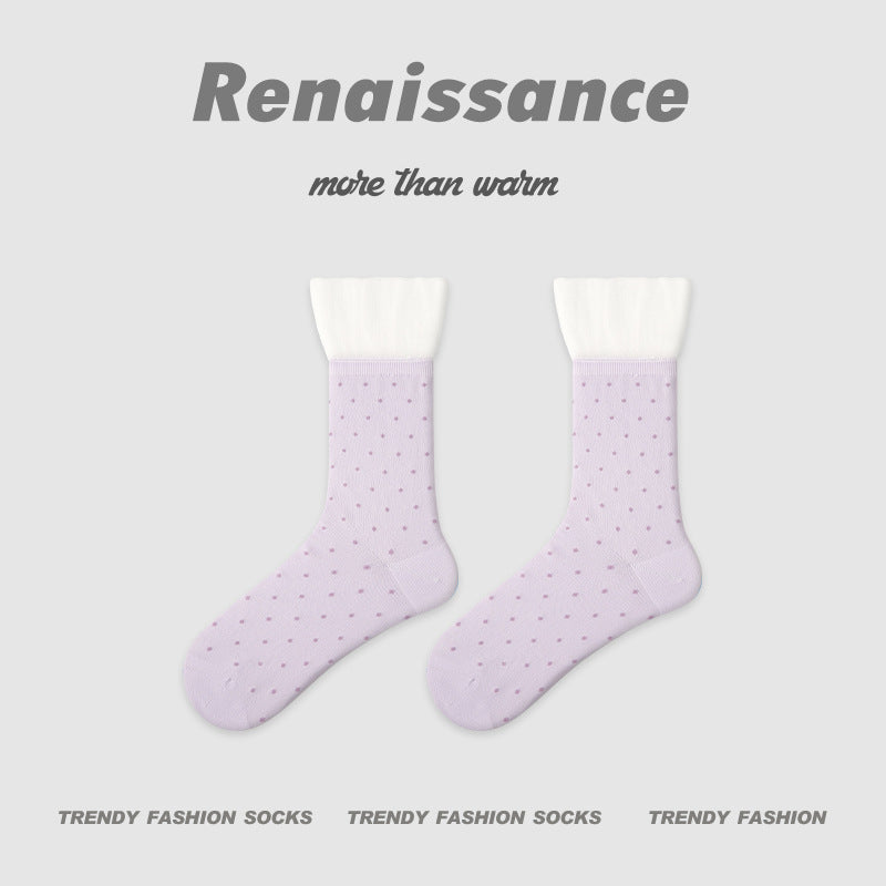 Renaissance Miu Style Polka Dot Cotton Mid Calf Socks