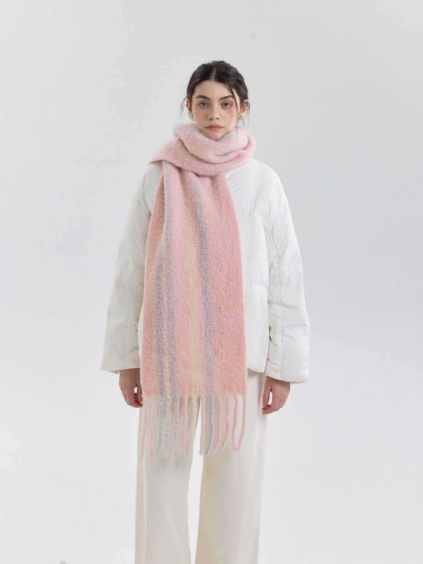 Trendy Striped Wool Scarf with Fringes for Women