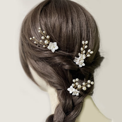 White Floral U Shaped Hair Pins Set of 3 Bridal Wedding Hair Accessories