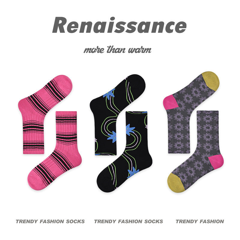 Art Illustration Combed Cotton Mid Calf Socks