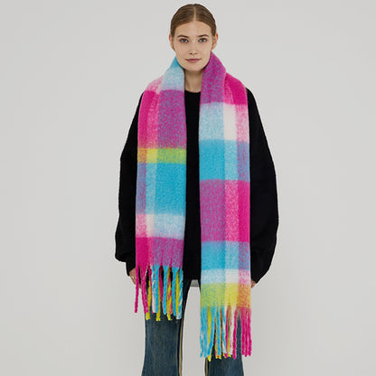 Warm Oversized Plaid Scarf with Fringes for Women
