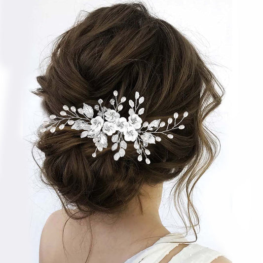 Handmade White Pearl Flower Hair Comb with Gems