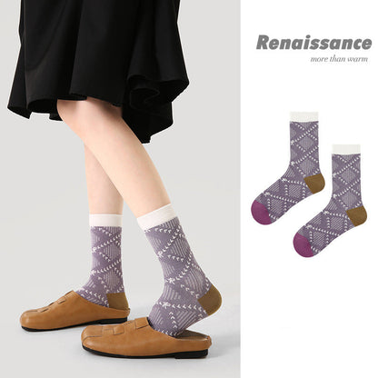 Mid Calf Embossed Stripe Socks Combed Cotton Breathable