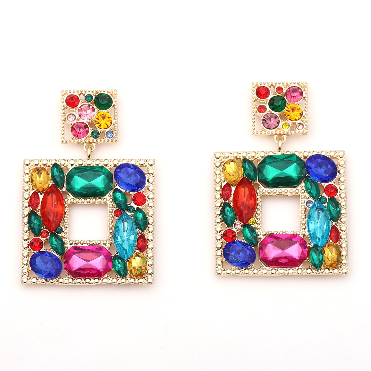 Earrings Geometric Square Colorful Rhinestone Statement