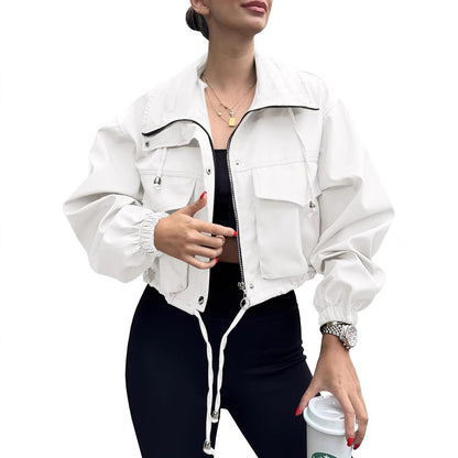 Women’s Solid Color Short Jacket with Zipper