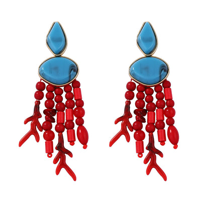 Beaded Tassel Drop Earrings Coral Boho Beach Style
