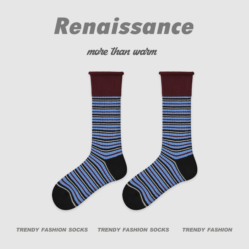 Mid Calf Colorblock Cotton Blend Socks Retro Casual