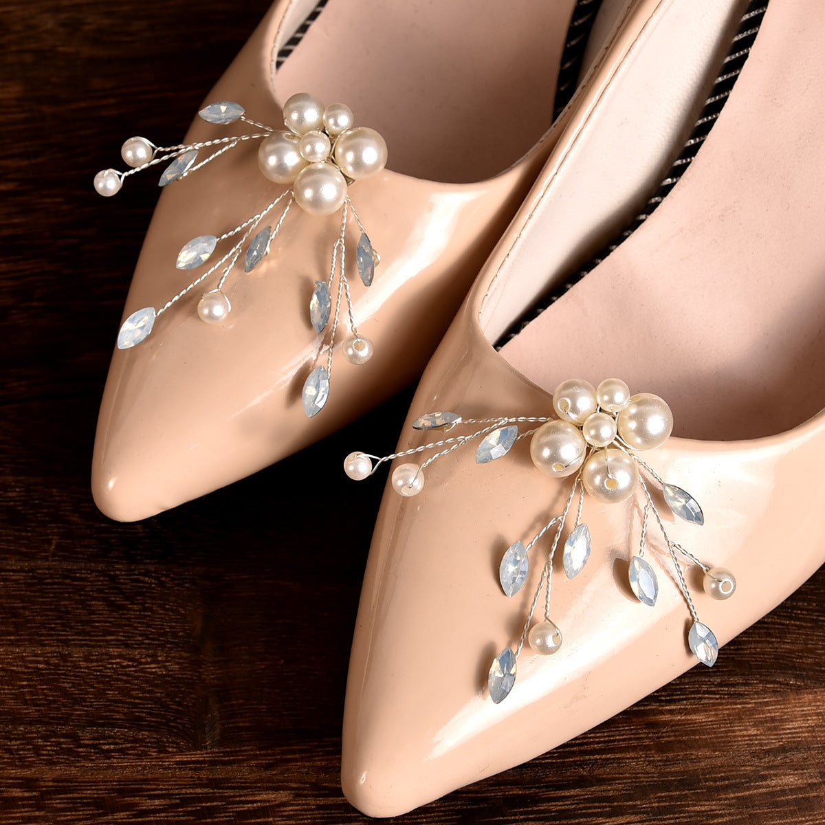 Removable Pearl Protein Blue Rhinestone Floral Shoe Clips