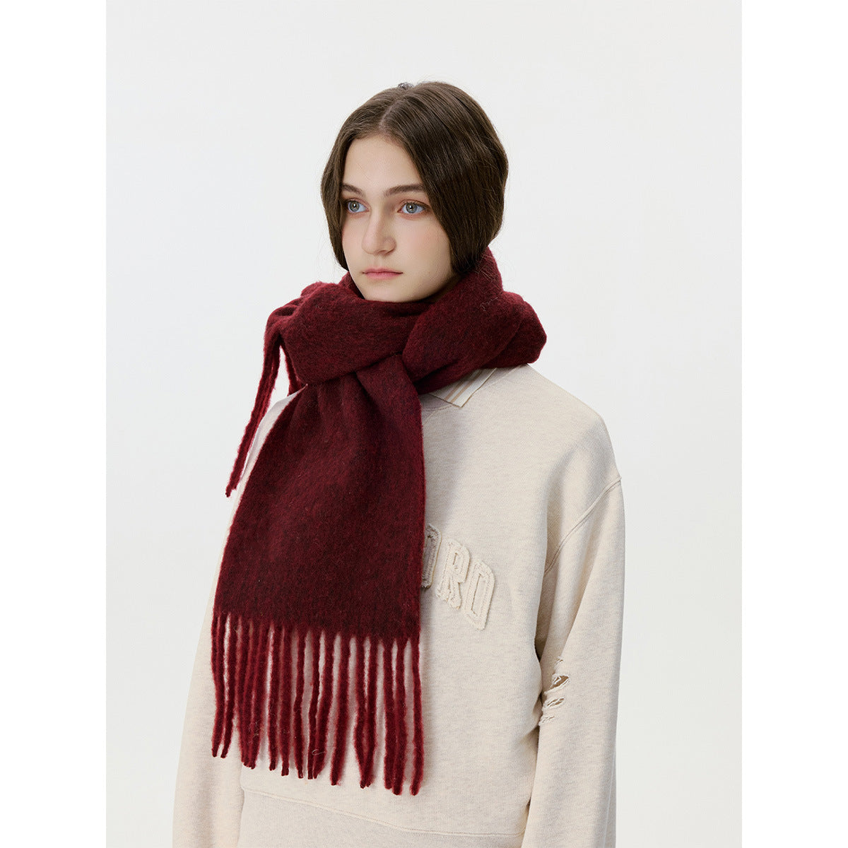 Solid Color Fringed Scarf Stylish Warm Neck Wrap