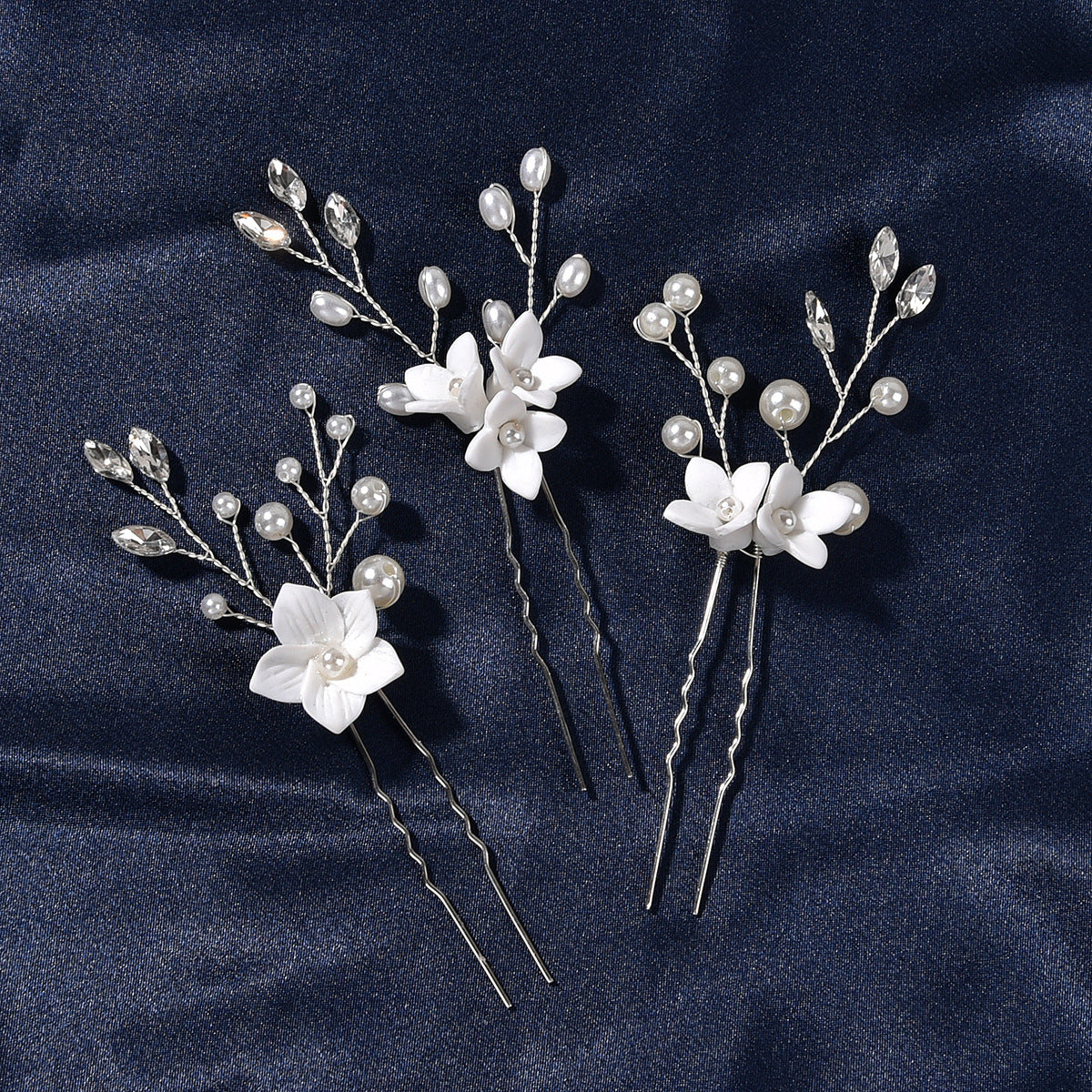 White Floral U Shaped Hair Pins Set of 3 Bridal Wedding Hair Accessories