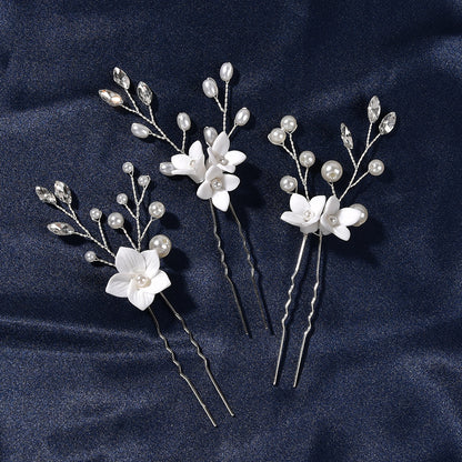 White Floral U Shaped Hair Pins Set of 3 Bridal Wedding Hair Accessories