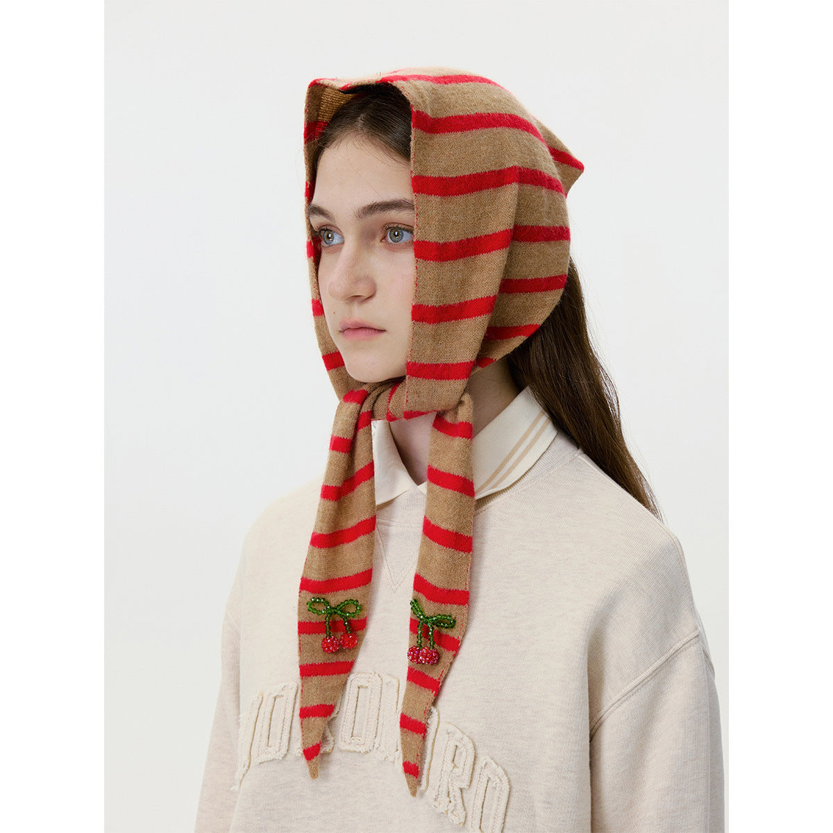 Triangular Wool Knit Scarf with Stripes for Women