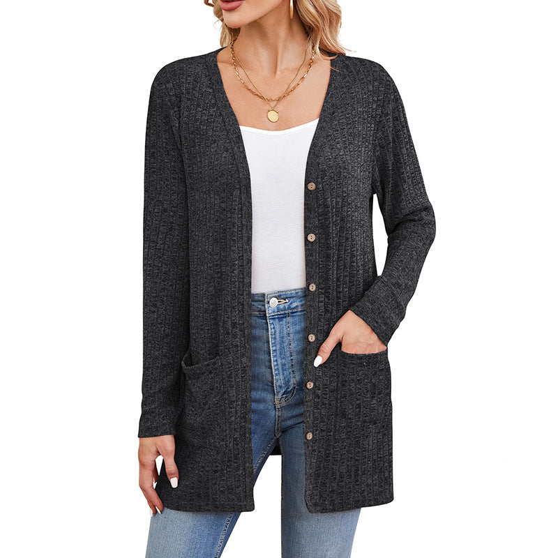 Casual Solid Color Long Sleeve Cardigan with Pockets