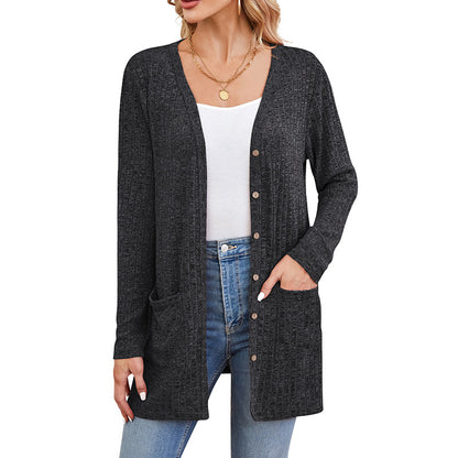 Casual Solid Color Long Sleeve Cardigan with Pockets