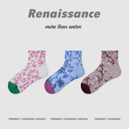 Socks Embossed Floral Combed Cotton Seamless Toe Casual