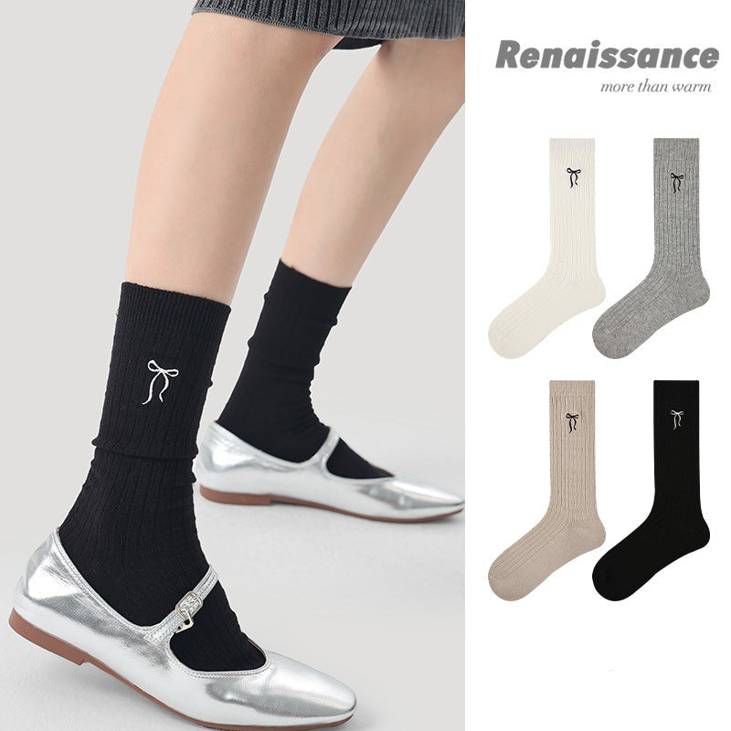 Renaissance Embroidered Bow Cotton Mid Calf Socks