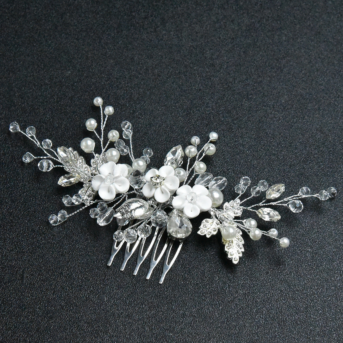 White Handmade Floral Crystal Beaded Bridal Hairpiece