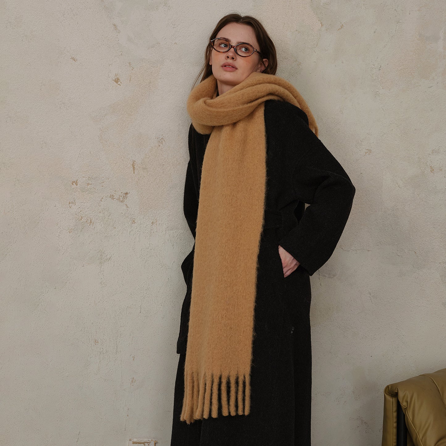 Classic Wool Blend Solid Color Fringed Scarf for Women