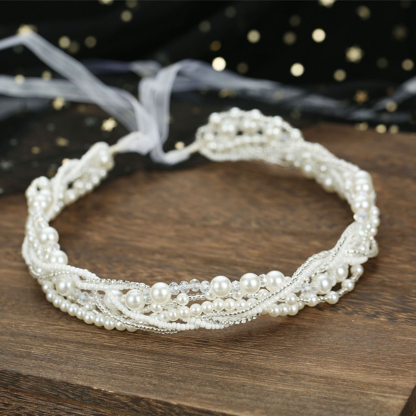 Beaded Handmade Bridal Headband with Crystal Detail